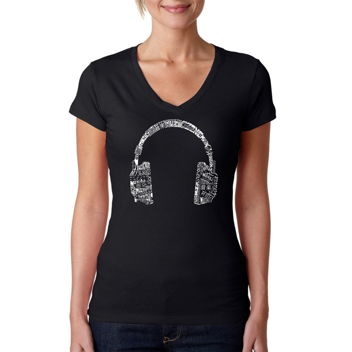 Women's Word Art V-Neck T-Shirt - HEADPHONES - LANGUAGES