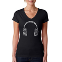 Black XL Women's Word Art V-Neck T-Shirt - HEADPHONES - LANGUAGES