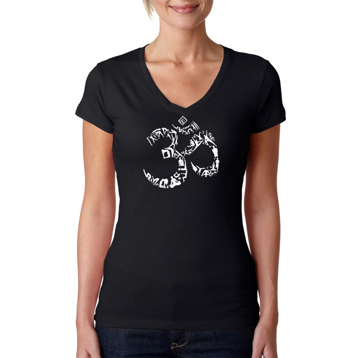 Women's Word Art V-Neck T-Shirt - THE OM SYMBOL OUT OF YOGA POSES