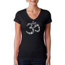 Black Small Women's Word Art V-Neck T-Shirt - THE OM SYMBOL OUT OF YOGA POSES