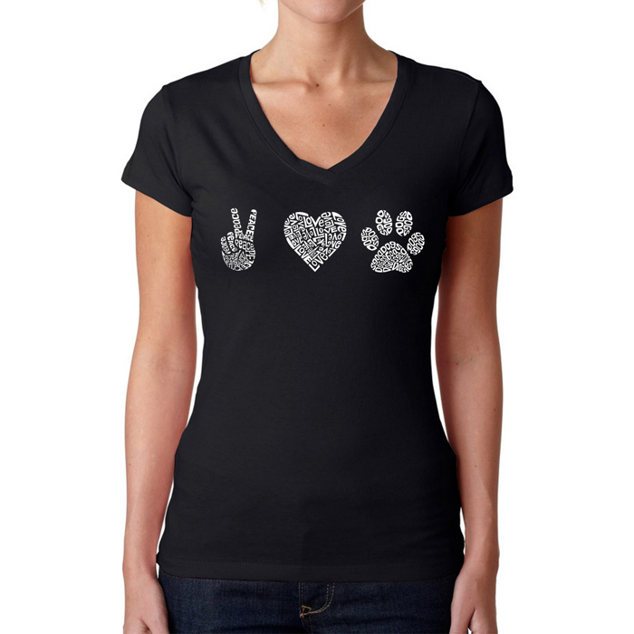 Women's Word Art V-Neck T-Shirt - Peace Love Dogs