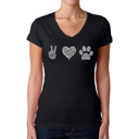 Black Small Women's Word Art V-Neck T-Shirt - Peace Love Dogs