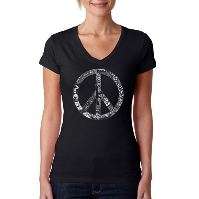 Women's Word Art V-Neck T-Shirt - PEACE, LOVE, & MUSIC
