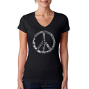 Black Small Women's Word Art V-Neck T-Shirt - PEACE, LOVE, & MUSIC