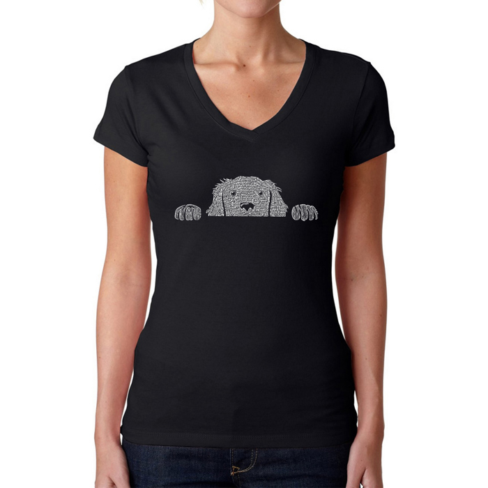 Women's Word Art V-Neck T-Shirt - Peeking Dog