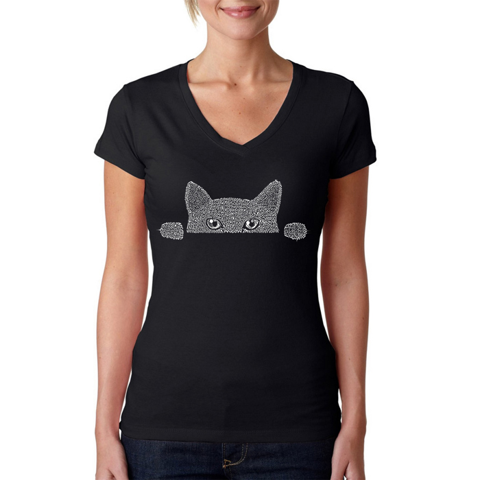 Women's Word Art V-Neck T-Shirt - Peeking Cat