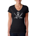 Black Small Women's Word Art V-Neck T-Shirt - PIRATE CAPTAINS, SHIPS AND IMAGERY