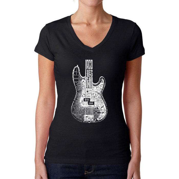 Women's Word Art V-Neck T-Shirt - Bass Guitar