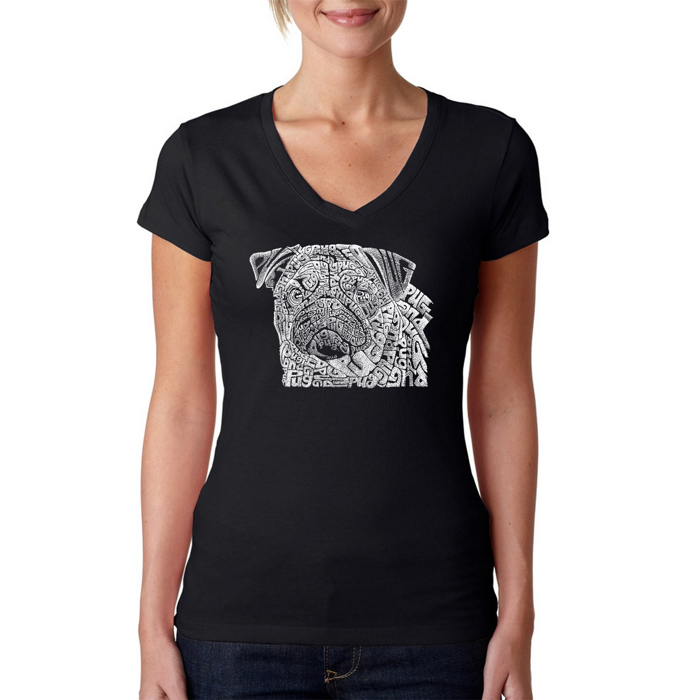 Women's Word Art V-Neck T-Shirt - Pug Face