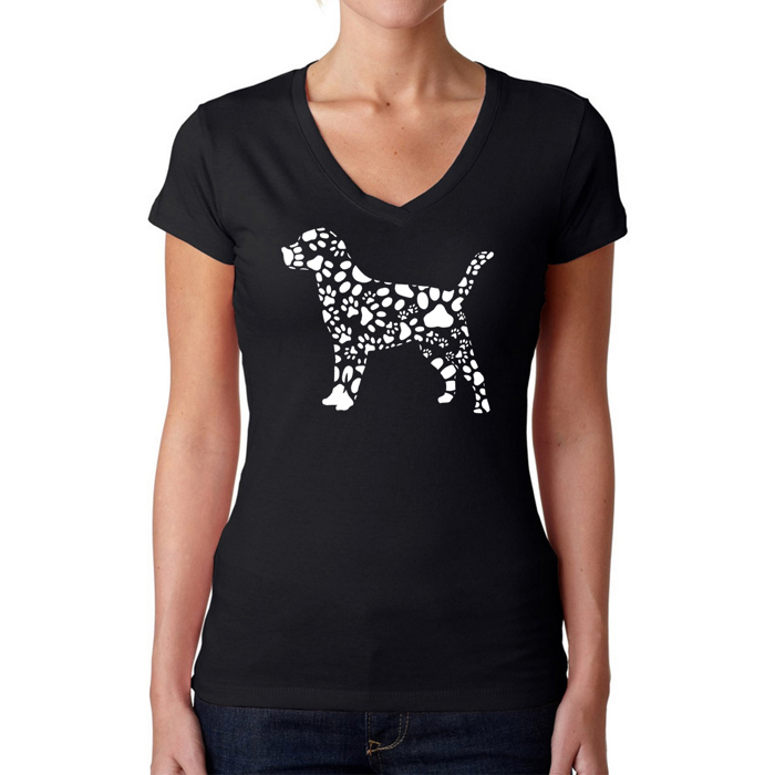 Women's Word Art V-Neck T-Shirt - Dog Paw Prints