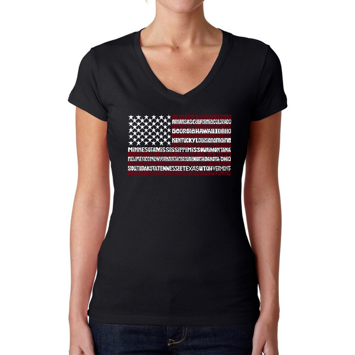Women's Word Art V-Neck T-Shirt - 50 States USA Flag