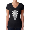 Black Large Women's Word Art V-Neck T-Shirt - Guitar Head Music Genres