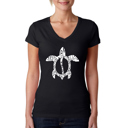 Black Large Women's Word Art V-Neck T-Shirt - Honu Turtle - Hawaiian Islands