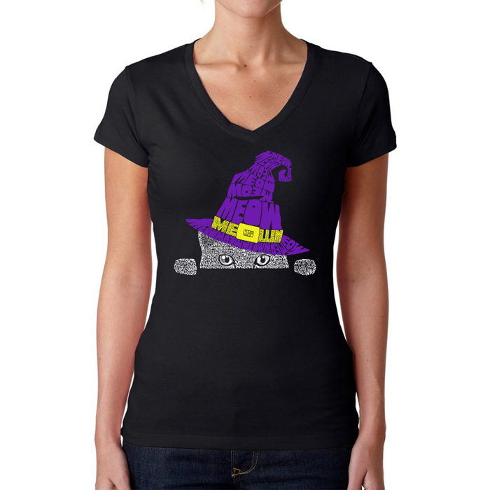 Peeking Witch Cat - Women's Word Art V-Neck T-Shirt