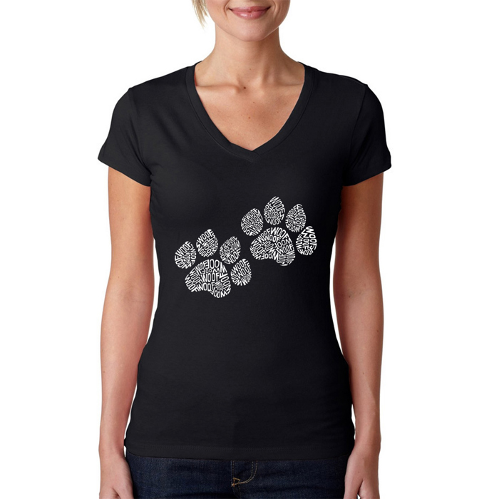 Women's Word Art V-Neck T-Shirt - Woof Paw Prints