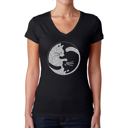 Black XL Women's Word Art V-Neck T-Shirt - Yin Yang Cat