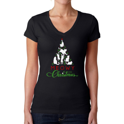 Meowy Christmas Tree - Women's Word Art V-Neck T-Shirt