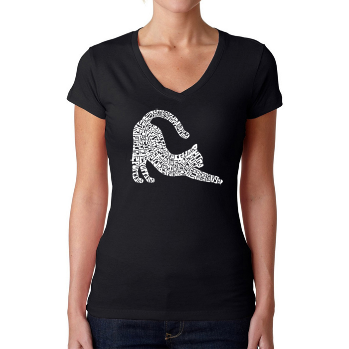 Stretching Cat - Women's Word Art V-Neck T-Shirt