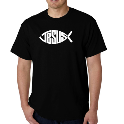 Mens Word Art T-shirt - Christian Jesus Name Fish Symbol