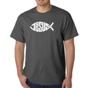 Gray Medium Mens Word Art T-shirt - Christian Jesus Name Fish Symbol
