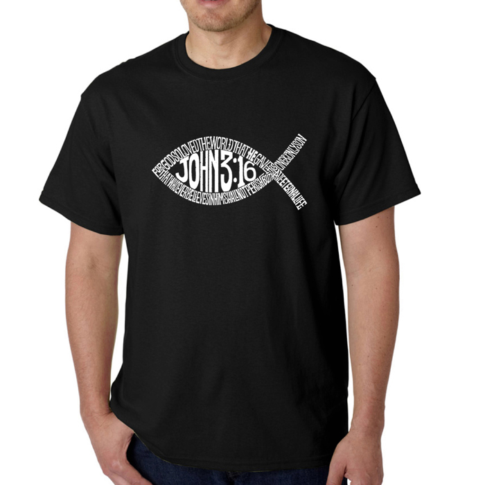 Mens Word Art T-shirt - John 3:16 Fish Symbol