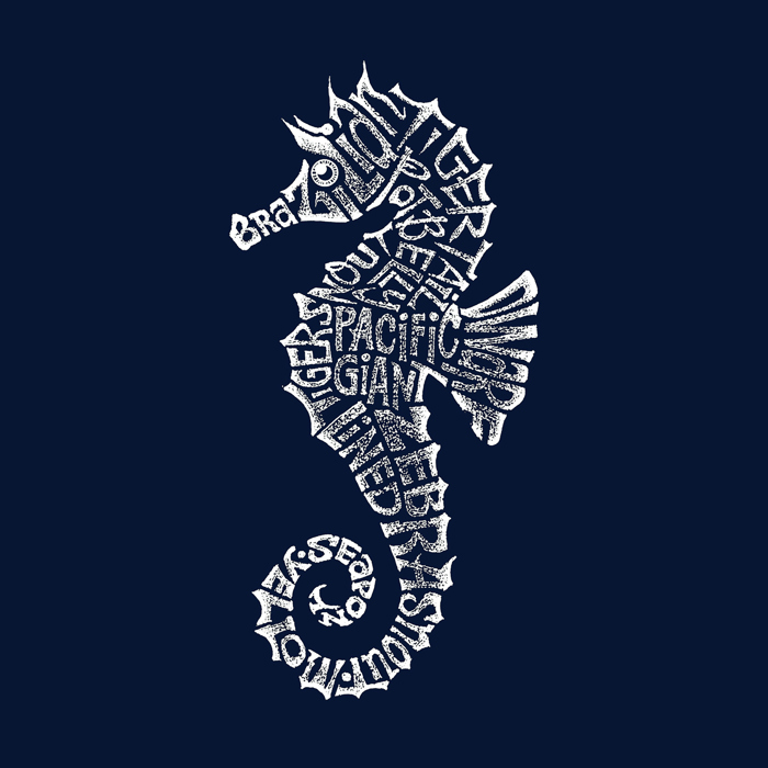Mens Word Art T-shirt - Types of Seahorse