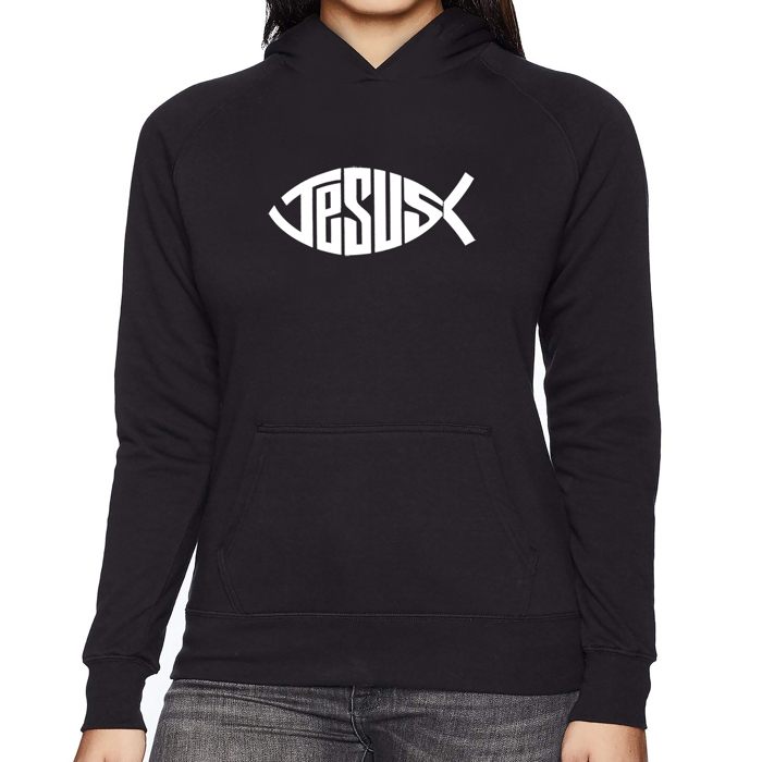 Christian Jesus Name Fish Symbol - Women's Word Art Hooded Sweatshirt