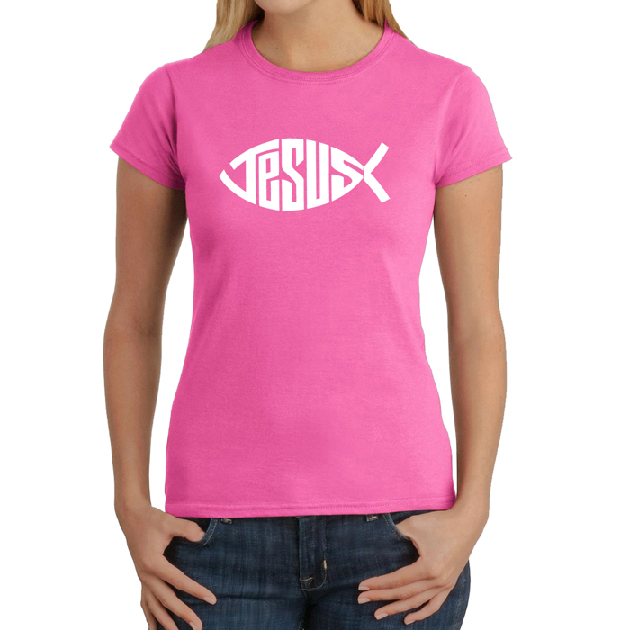 Women's Word Art T-Shirt - Christian Jesus Name Fish Symbol