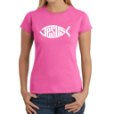 Pink Large Women's Word Art T-Shirt - Christian Jesus Name Fish Symbol