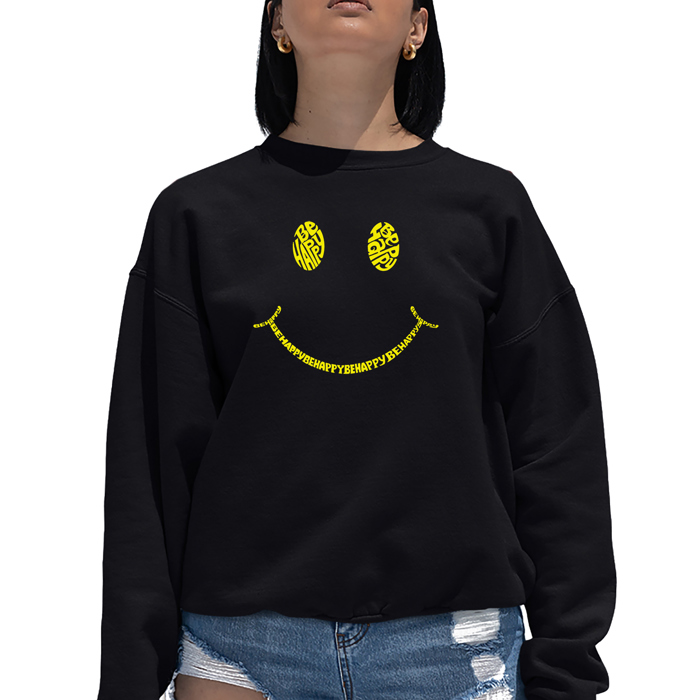 Be Happy Smiley Face - Women's Word Art Crewneck Sweatshirt