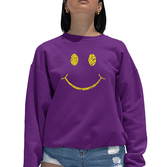 Be Happy Smiley Face - Women's Word Art Crewneck Sweatshirt