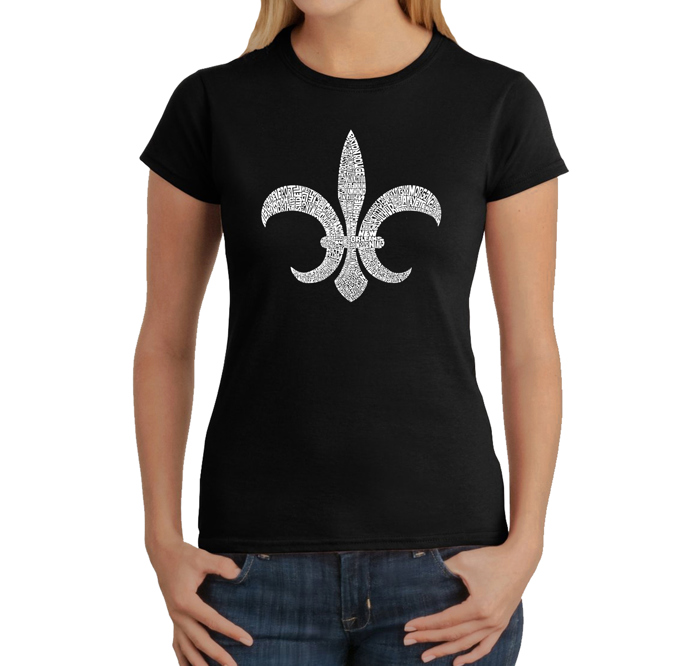 Women's Word Art T-Shirt - FLEUR DE LIS - POPULAR LOUISIANA CITIES