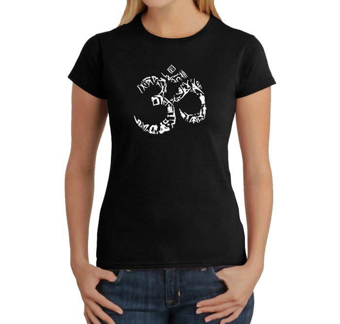 Women's Word Art T-Shirt - THE OM SYMBOL OUT OF YOGA POSES