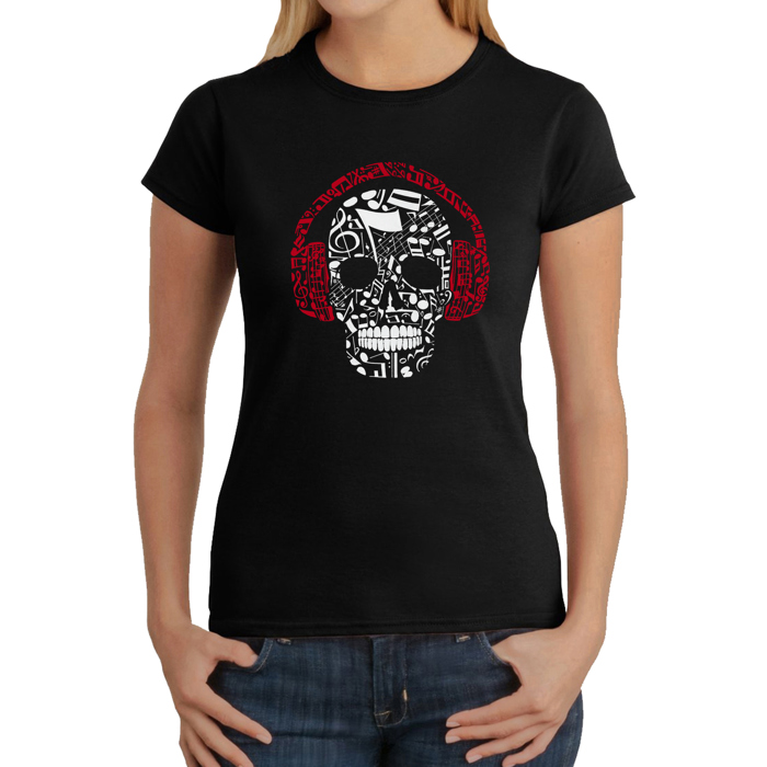 Women's Word Art T-Shirt - Music Notes Skull