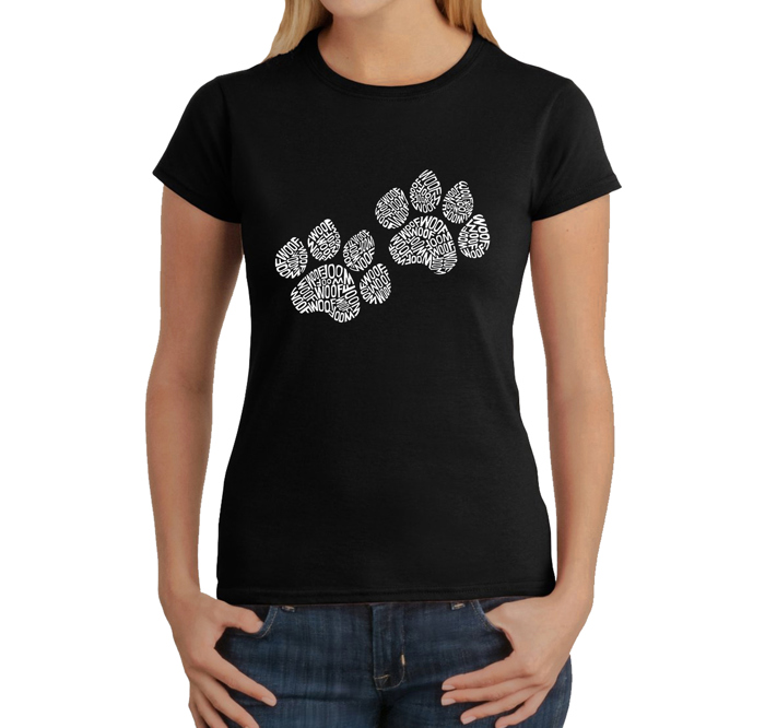 Women's Word Art T-Shirt - Woof Paw Prints