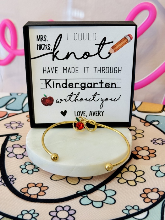 Teacher Appreciation End of Year Teacher Gift Knot Bangle! NON-TARNISH, Personalized card, bangle, box & ribbon included too!