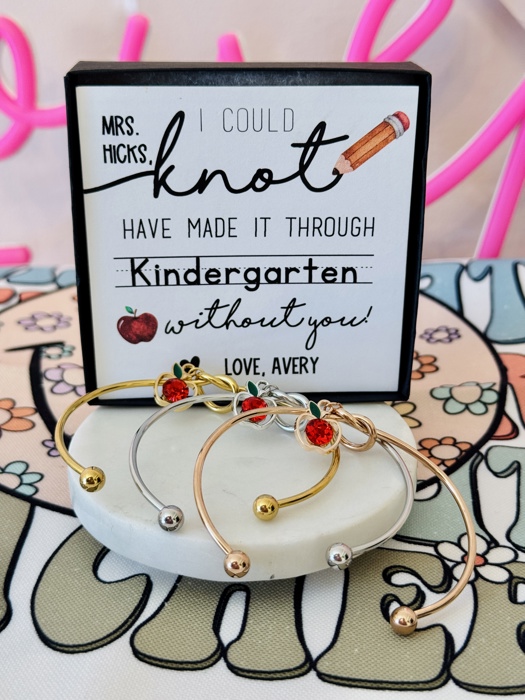 Teacher Appreciation End of Year Teacher Gift Knot Bangle! NON-TARNISH, Personalized card, bangle, box & ribbon included too!