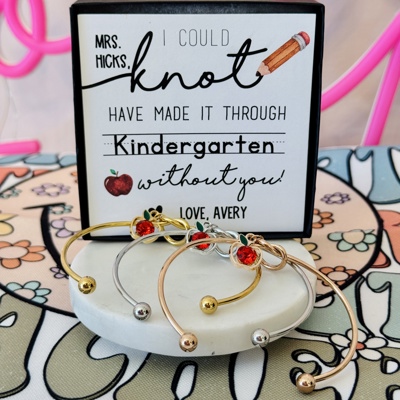 Teacher Appreciation End of Year Teacher Gift Knot Bangle! NON-TARNISH, Personalized card, bangle, box & ribbon included too!