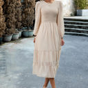  Long Sleeves Dotted Smocked Tiered Midi Dress