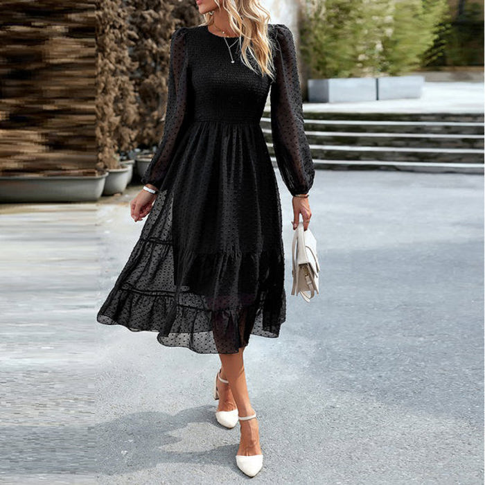 Long Sleeves Dotted Smocked Tiered Midi Dress