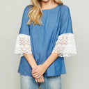  SALE!  Last Piece - Size S (Denim or Blush) - Pompous Crochet Sleeve Blouse