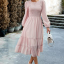  Long Sleeves Dotted Smocked Tiered Midi Dress