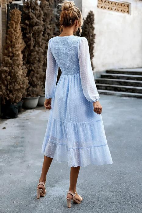 Long Sleeves Dotted Smocked Tiered Midi Dress