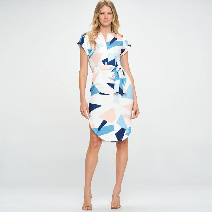 Sleek Geo Print Waist Tie Dress