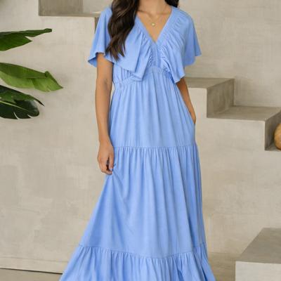 Sky Blue Flutter Sleeve Tiered Maxi Dress
