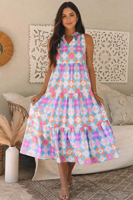 Rainbow Bloom Ruffle Tiered Midi Dress