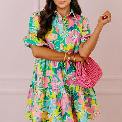 Tropical Bloom Button-Up Babydoll Dress