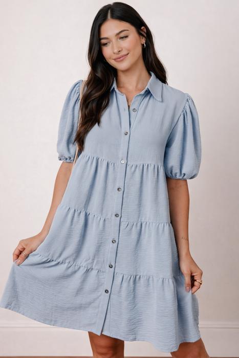 Sky Blue Tiered Puff Sleeve Dress