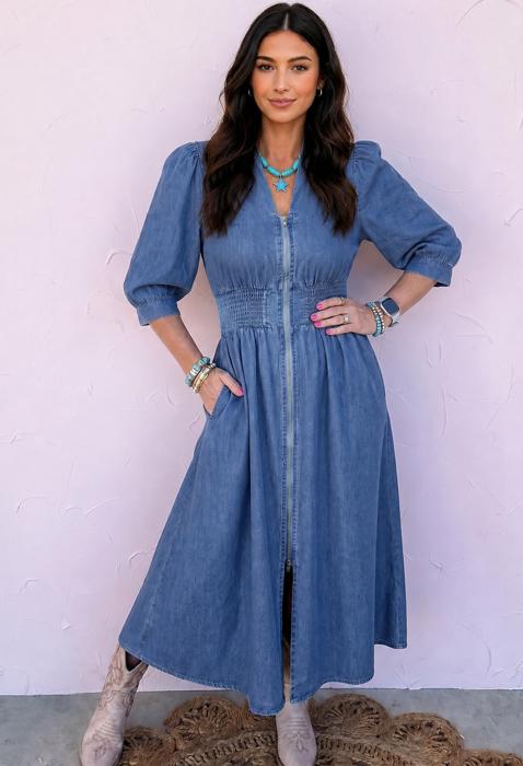 Blue Belle Zip Denim Midi Dress