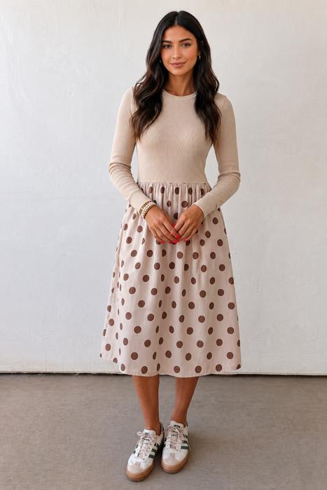 Cafe au Lait Polka Dot Midi Dress